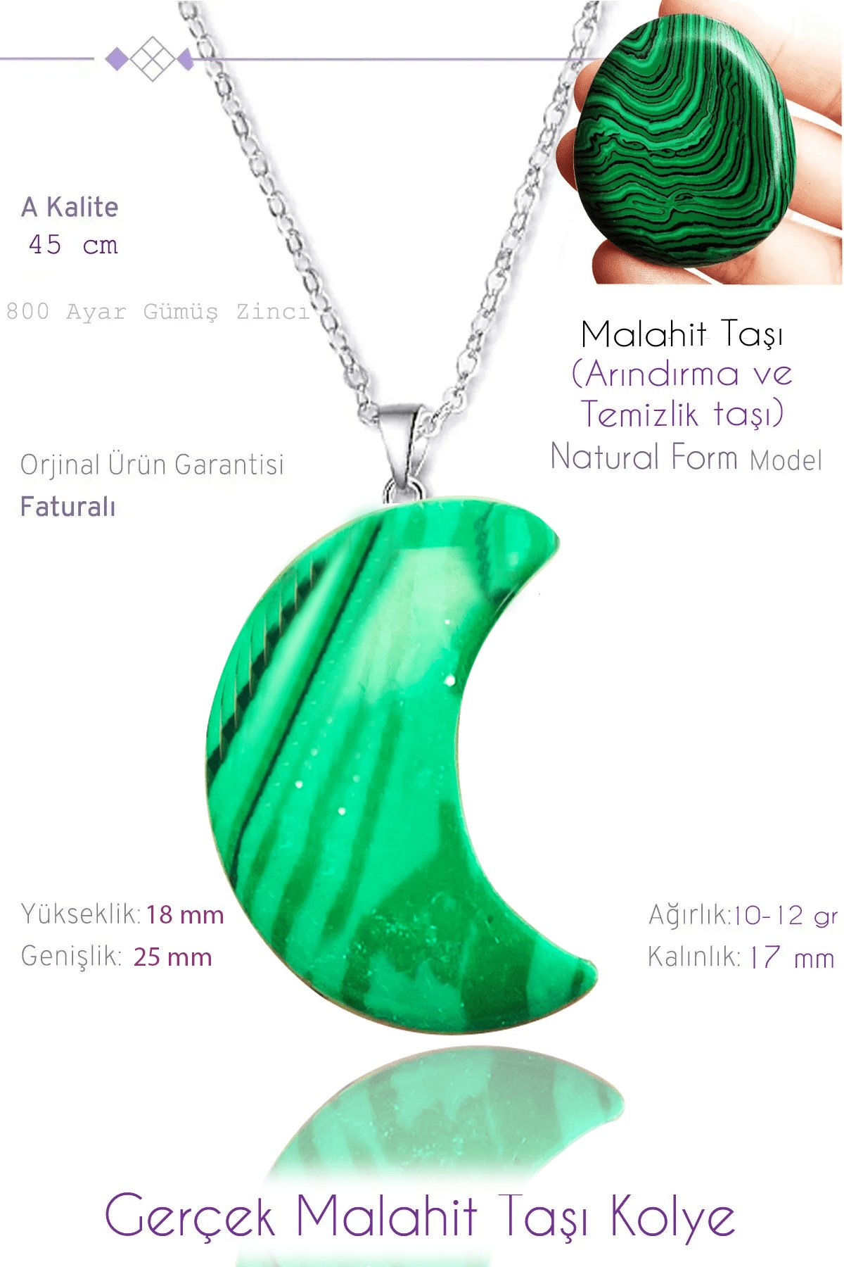 Sertifikalı Ay Model Gerçek Malahit Taşı Kolye
