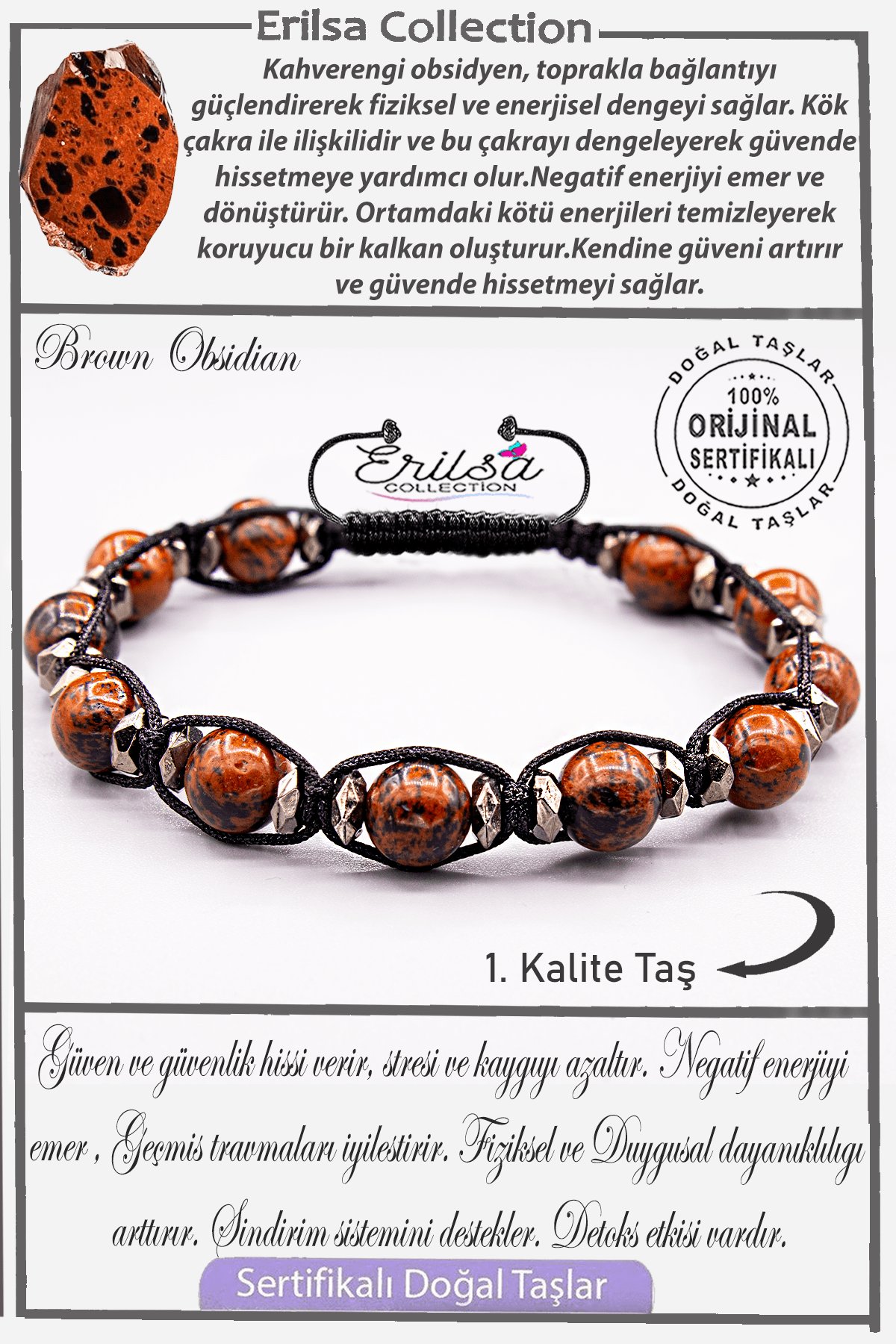 Sertifikalı AAA+ Kalite Gerçek Terahertz - Kahverengi Obsidyen Taşı Bileklik