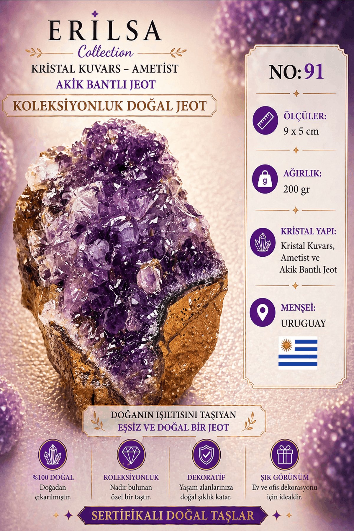 Sertifikalı Kristal Kuvars Ametist Akik Bantlı Jeot Doğal Taş Koleksiyonluk Dekoratif 9x5 cm NO91