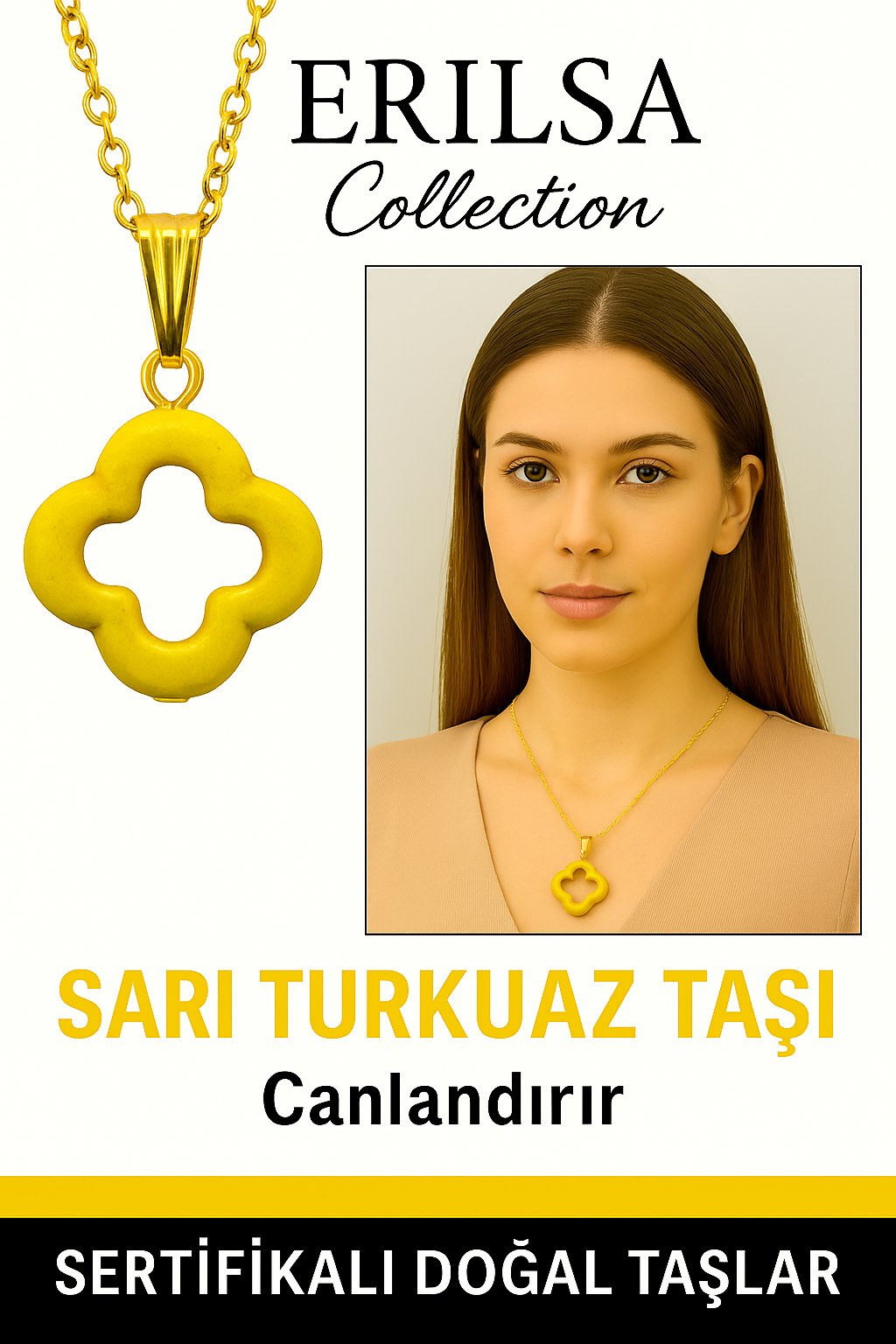 Sertifikalı Gold Yonca Model Sarı Turkuaz Taşı Kolye Neşe Verir