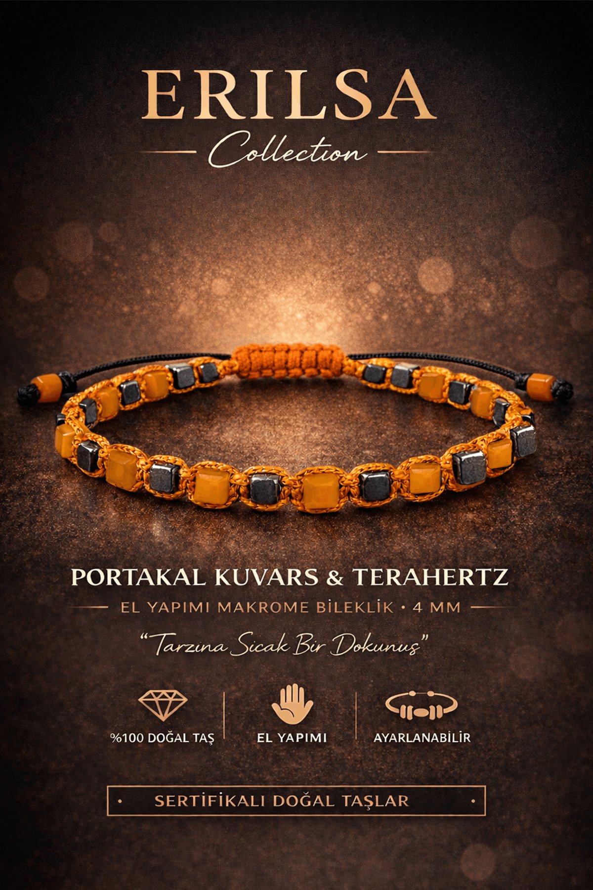Sertifikalı Portakal Kuvars Terahertz Bileklik 4 MM Doğal Taş Unisex Ayarlanabilir