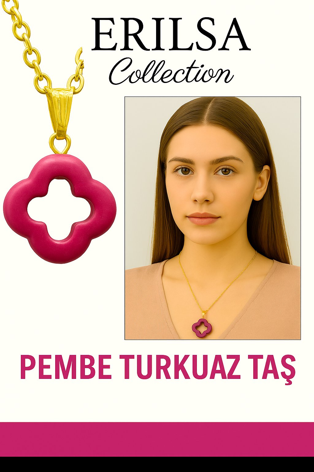 Sertifikalı Gold Yonca Model Pembe Turkuaz Taşı Kolye Duygusal Denge Sağlar