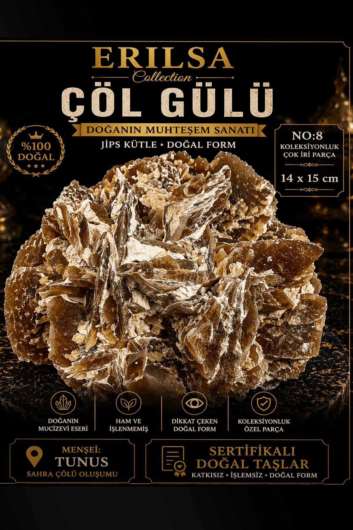 Sertifikalı Çöl Gülü Taşı Kütle -  14x15 cm Çok İri Koleksiyonluk Doğal Jips Kütle