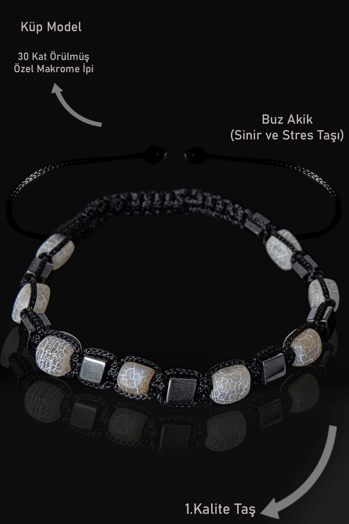 Sertifikalı Küp Model Terahertz - Gri Akik Taşı Bileklik - Ayarlamalı