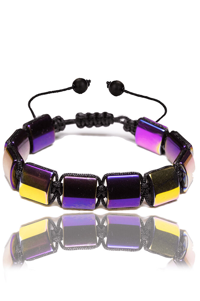 Sertifikalı Kare Sarı Mor Hematit Taşı Bileklik - Makrome