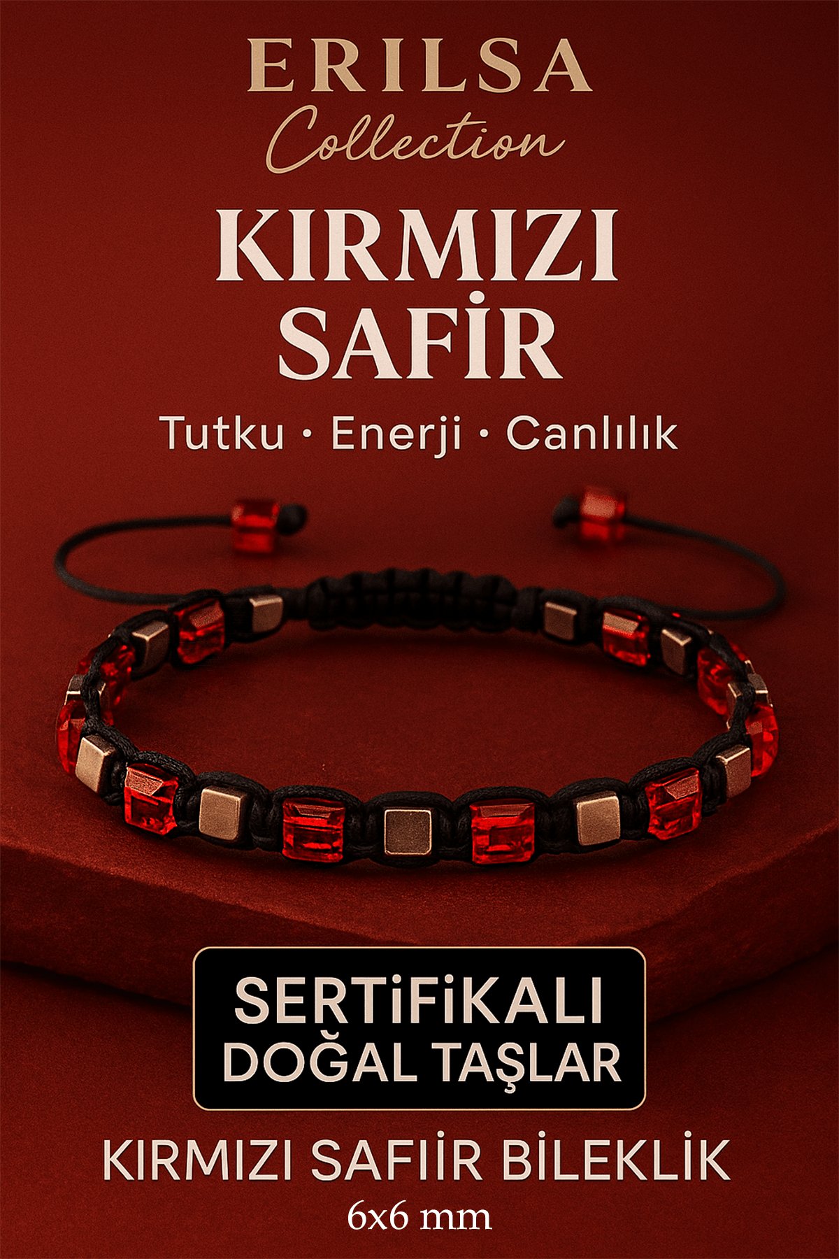 Sertifikalı Doğal Terahertz - Kırmızı Safir Taşı Bileklik 6x6 mm - Tutku ve Güç Taşı