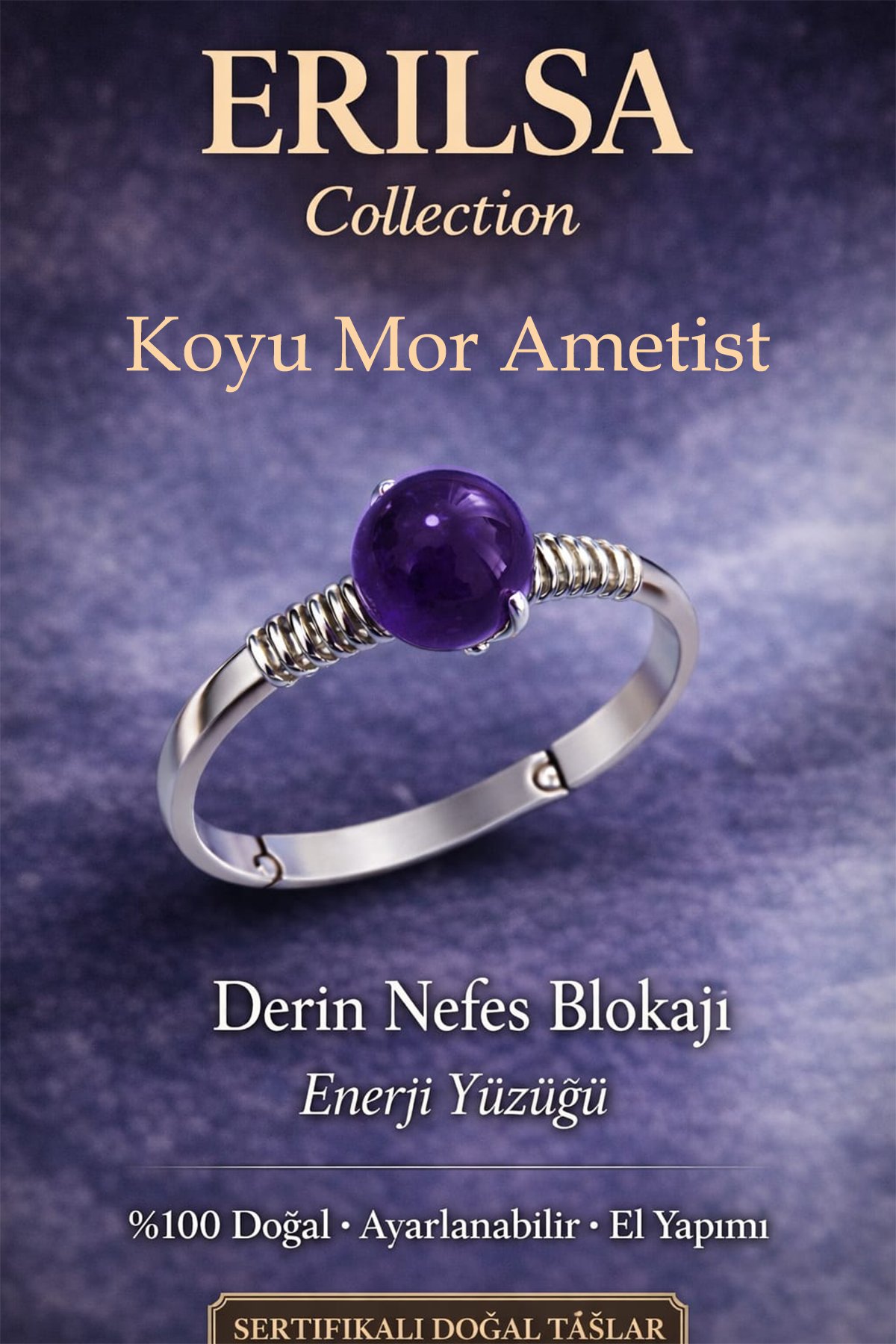 Sertifikalı Derin Nefes Blokajı Yüzüğü – Koyu Mor Ametist Ayarlanabilir İnce Kasa Balık Kova Yengeç