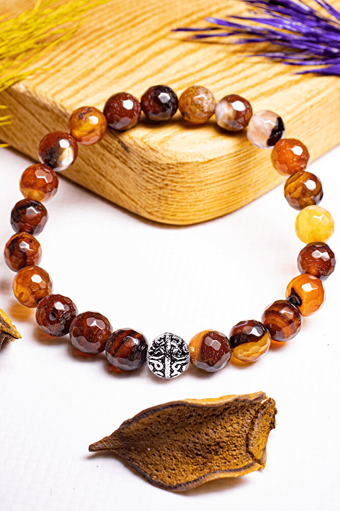 Sertifikalı Fasetli Kızıl Siyah Akik Taşı Bileklik - Gümüş Aparatlı