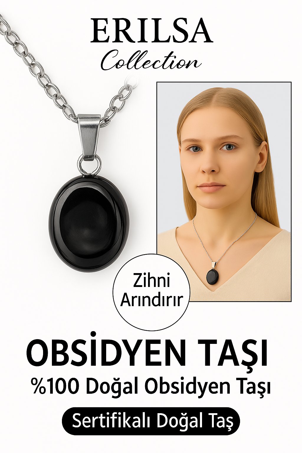 Sertifikalı Oval Siyah Obsidyen Taşı Doğal Taş Kolye - Gümüş Aparat Negatif Enerji Temizliği Koruma