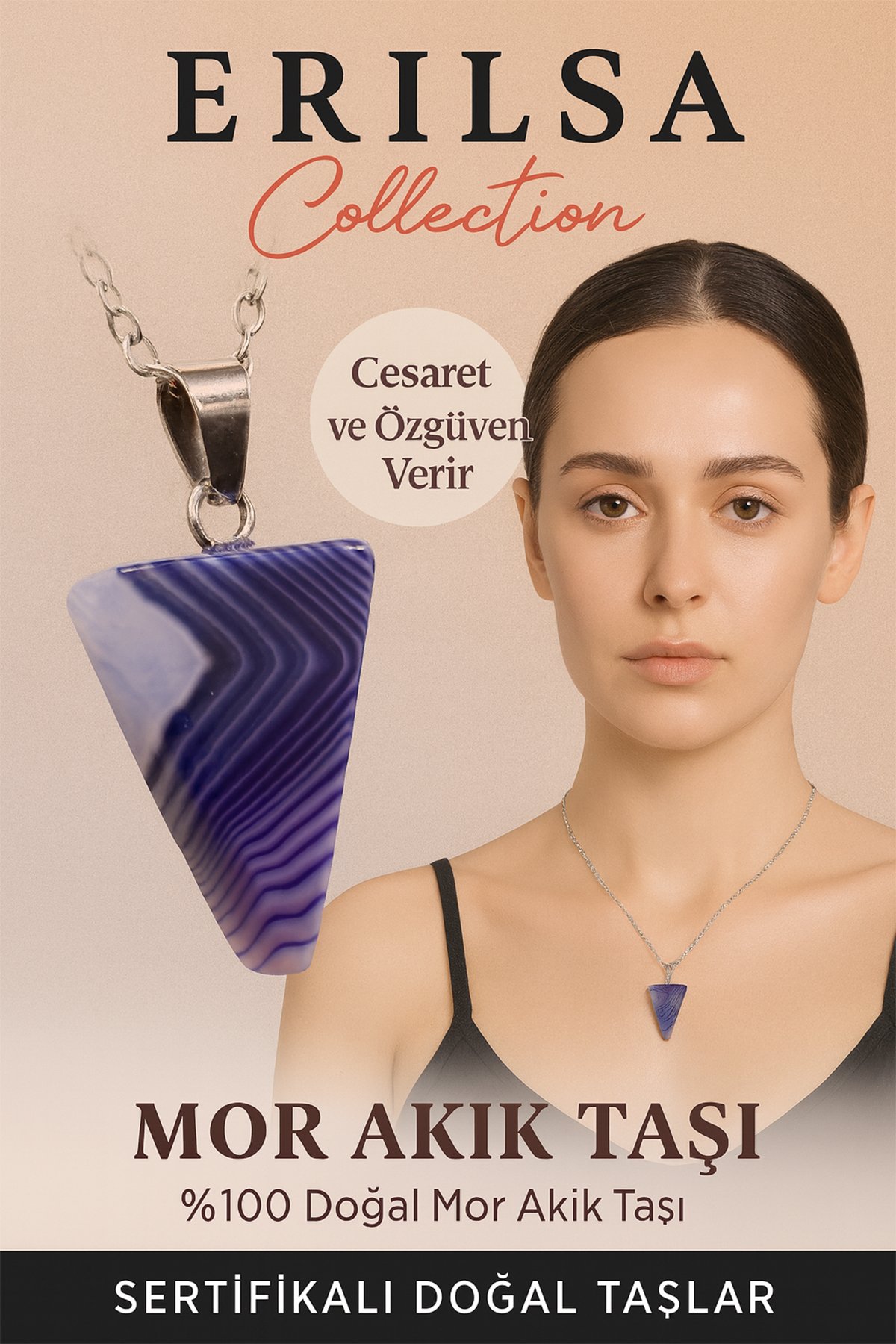 Sertifikalı Piramit Model Mor Akik Taşı Kolye – Cesaret ve Özgüven Veren Doğal Taş