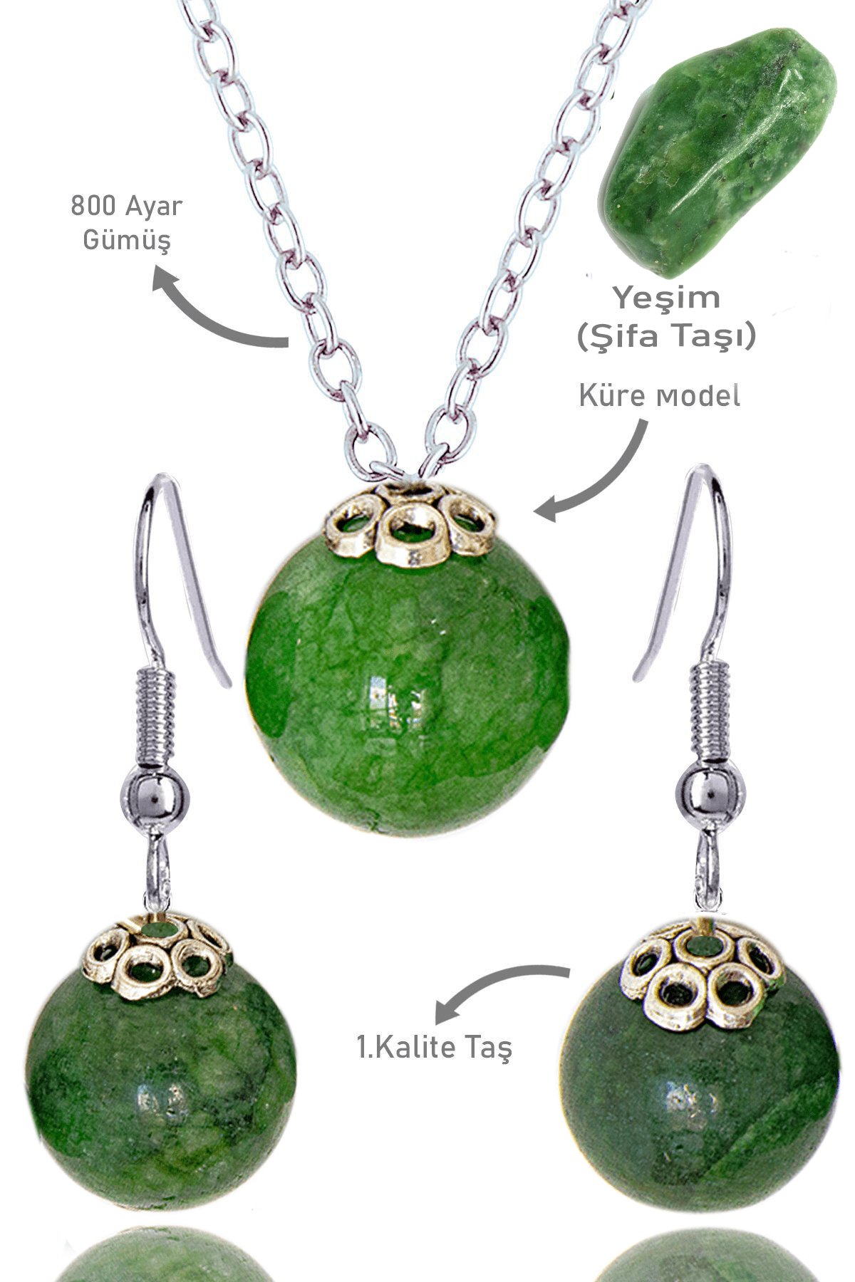 Sertifikalı Küre Model Kanada Yeşim Taşı Kolye ve Küpe Seti - Gümüş Aparatlı