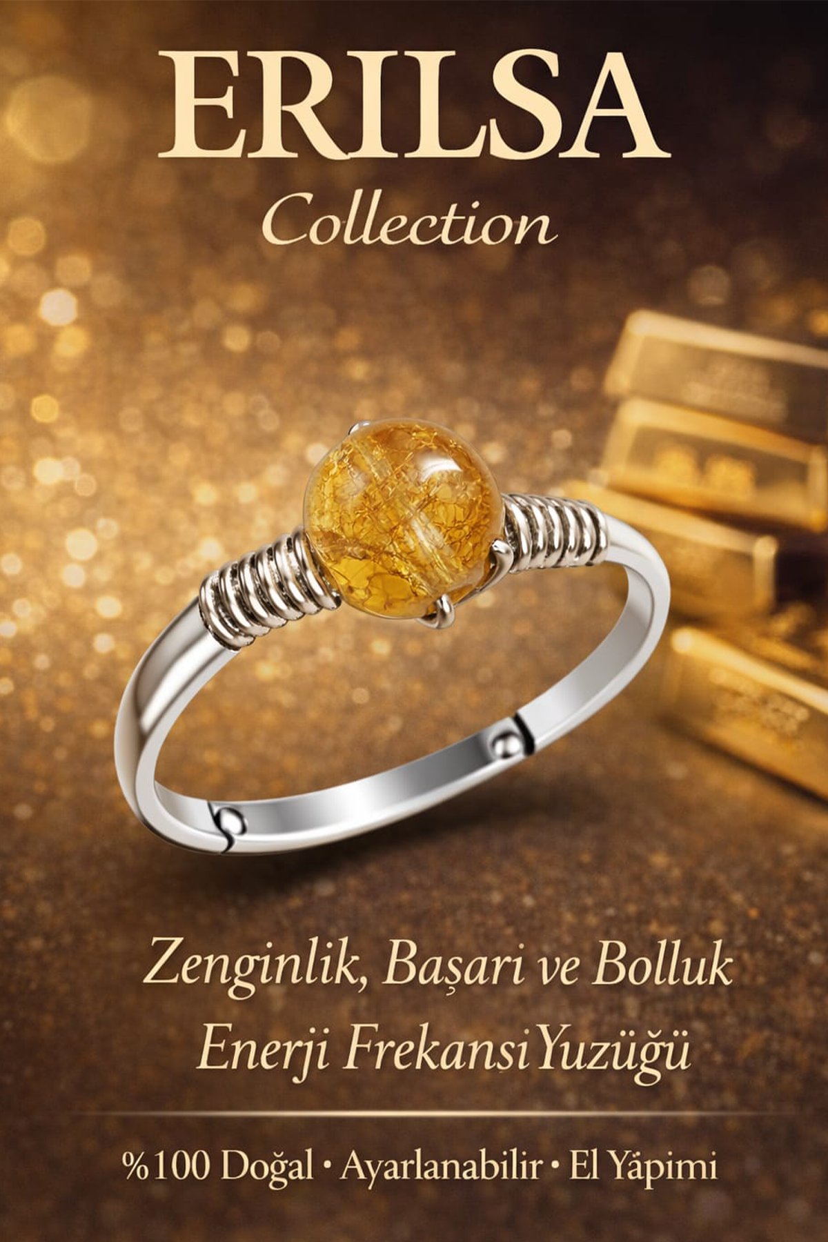 Sertifikalı Zenginlik Başarı Bolluk Enerji Frekansı Yüzüğü – Sitrin Ayarlamalı İnce Aslan Başak Boğa