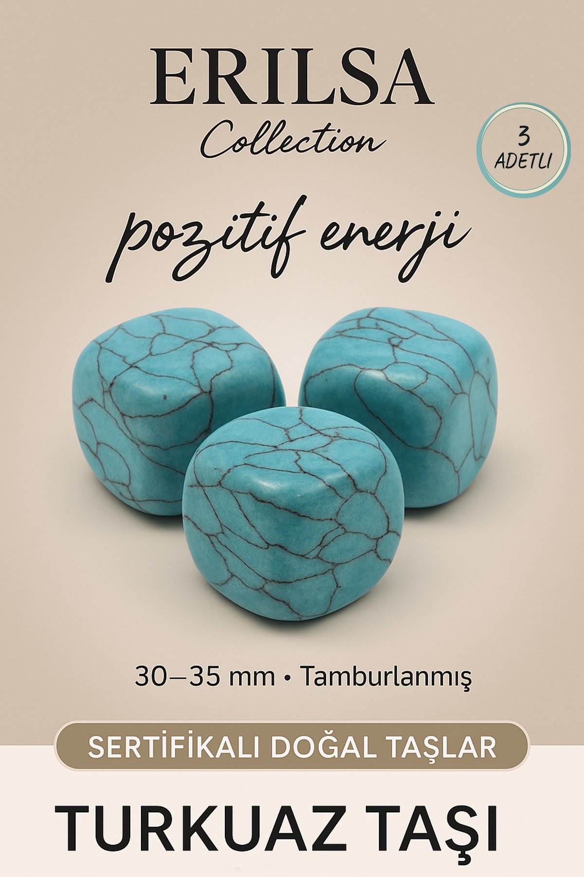 Sertifikalı Tamburlanmış Doğal Firuze Turkuaz Taşı Kütle (3 Adet) – Bereket ve Koruma Taşı