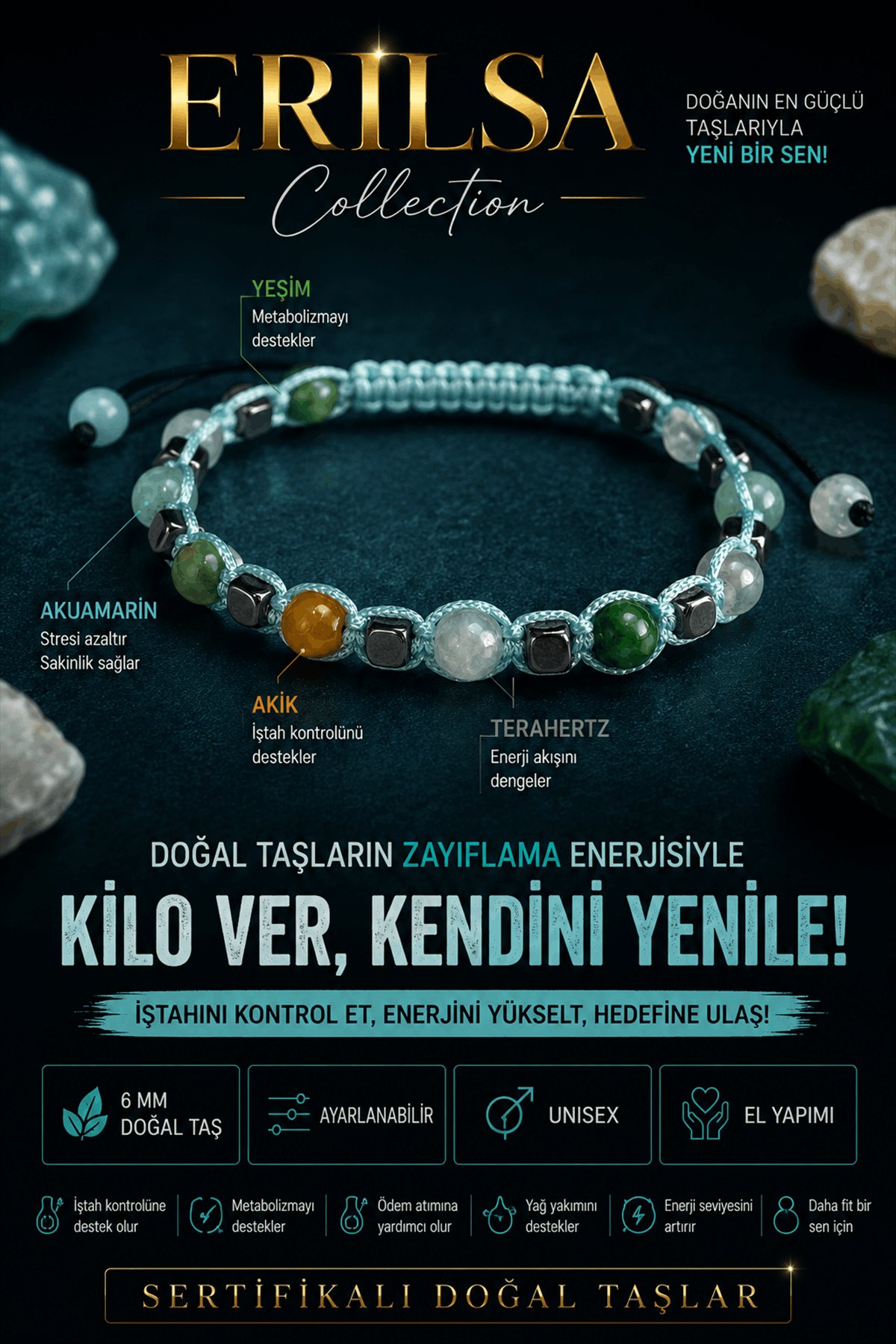 Sertifikalı Akuamarin Yeşim Akik Terahertz Doğal Taş Bileklik - Ayarlanabilir - Zayıflama Bilekliği