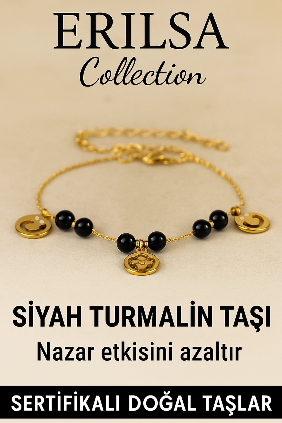 Sertifikalı Siyah Turmalin Taşlı Charm Bileklik – Nazar Enerjisini Azaltır, Koruma Sağlar