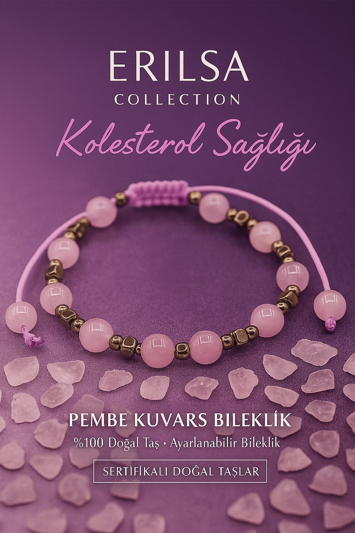 Sertifikalı Kolesterol Sağlığı Bilekliği - Pembe Kuvars 6 mm Doğal Taş – Terahertz Destekli