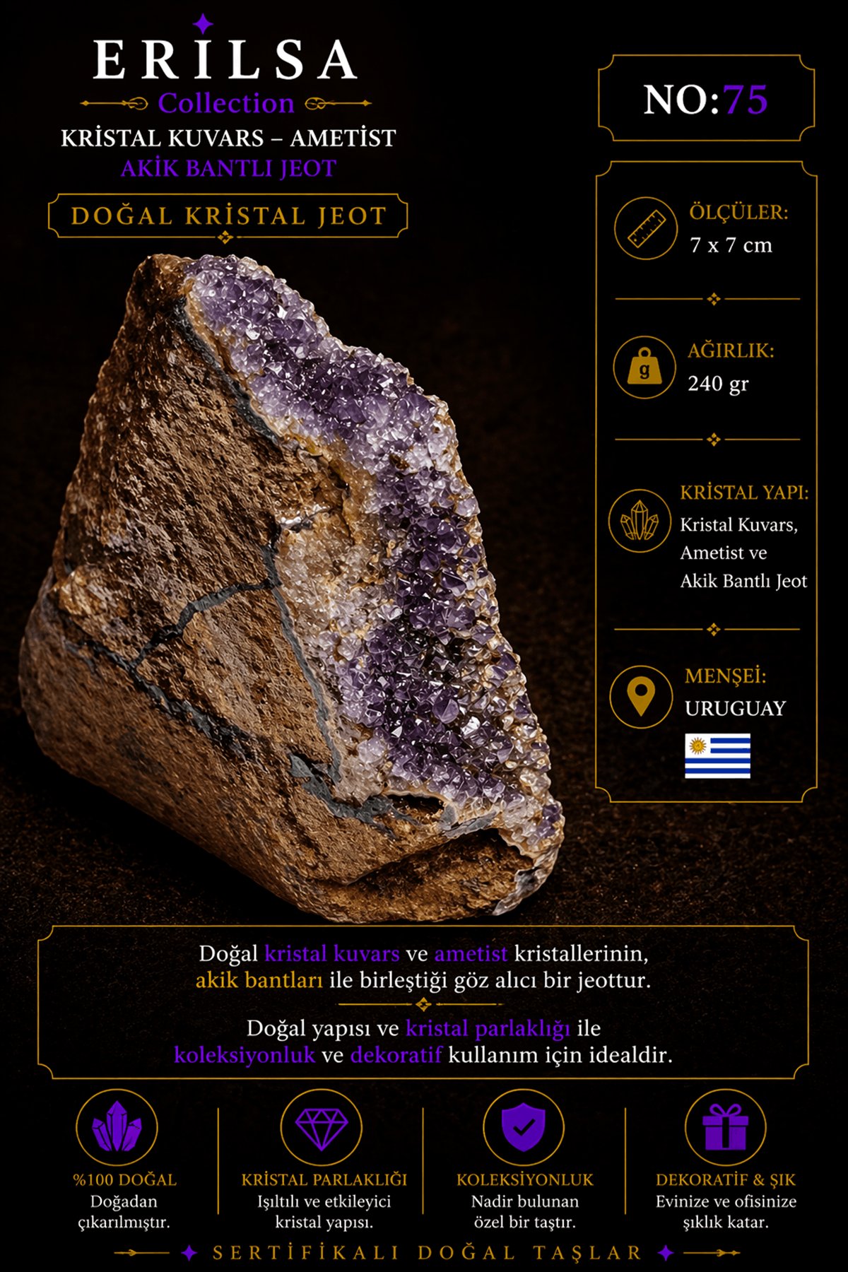 Sertifikalı Doğal Ametist Jeodu Akik Bantlı Kristal Kuvars Ham Kaya Uruguay NO75