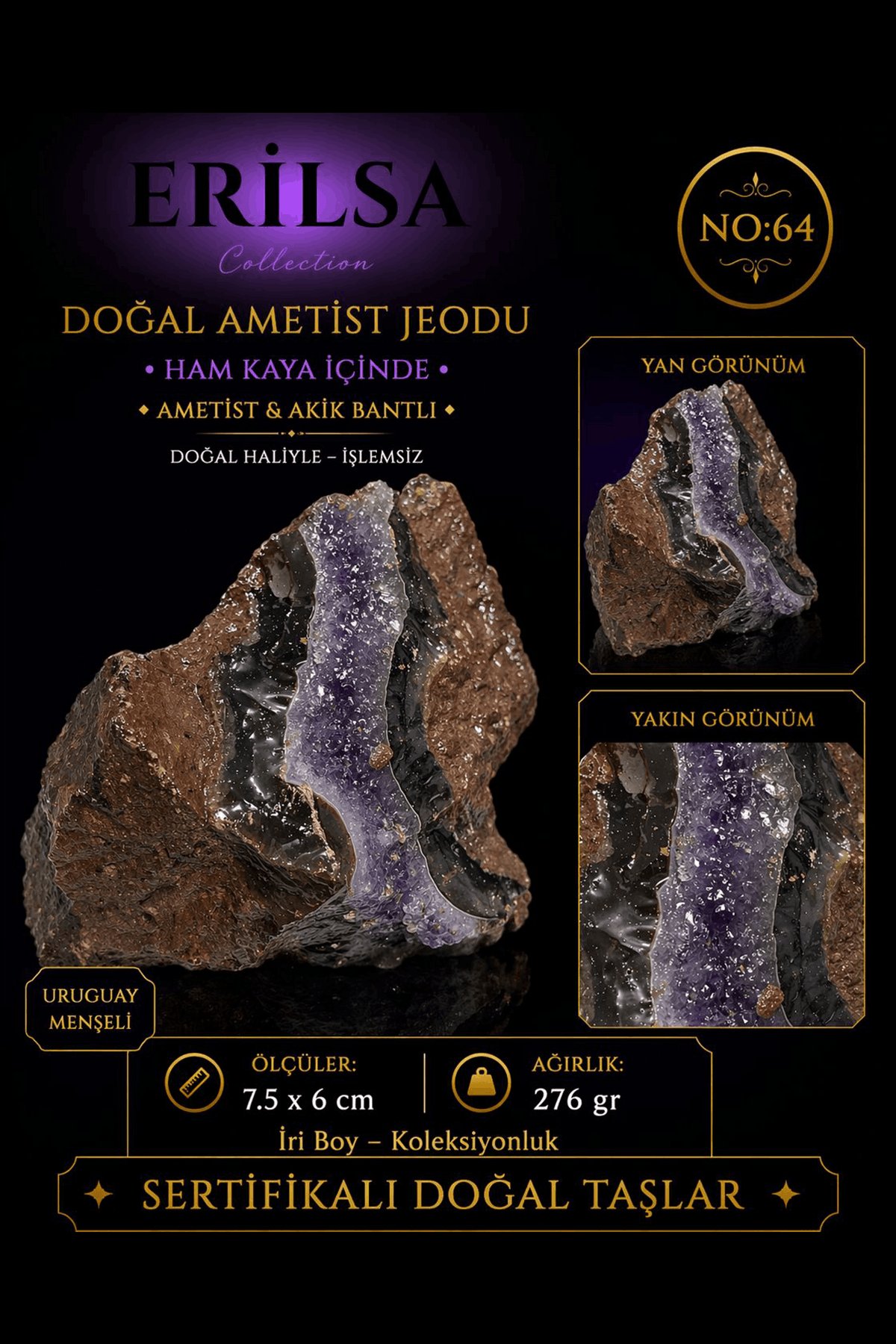 Sertifikalı Doğal Ametist Jeodu Akik Bantlı Kristal Kuvars Ham Kaya NO64