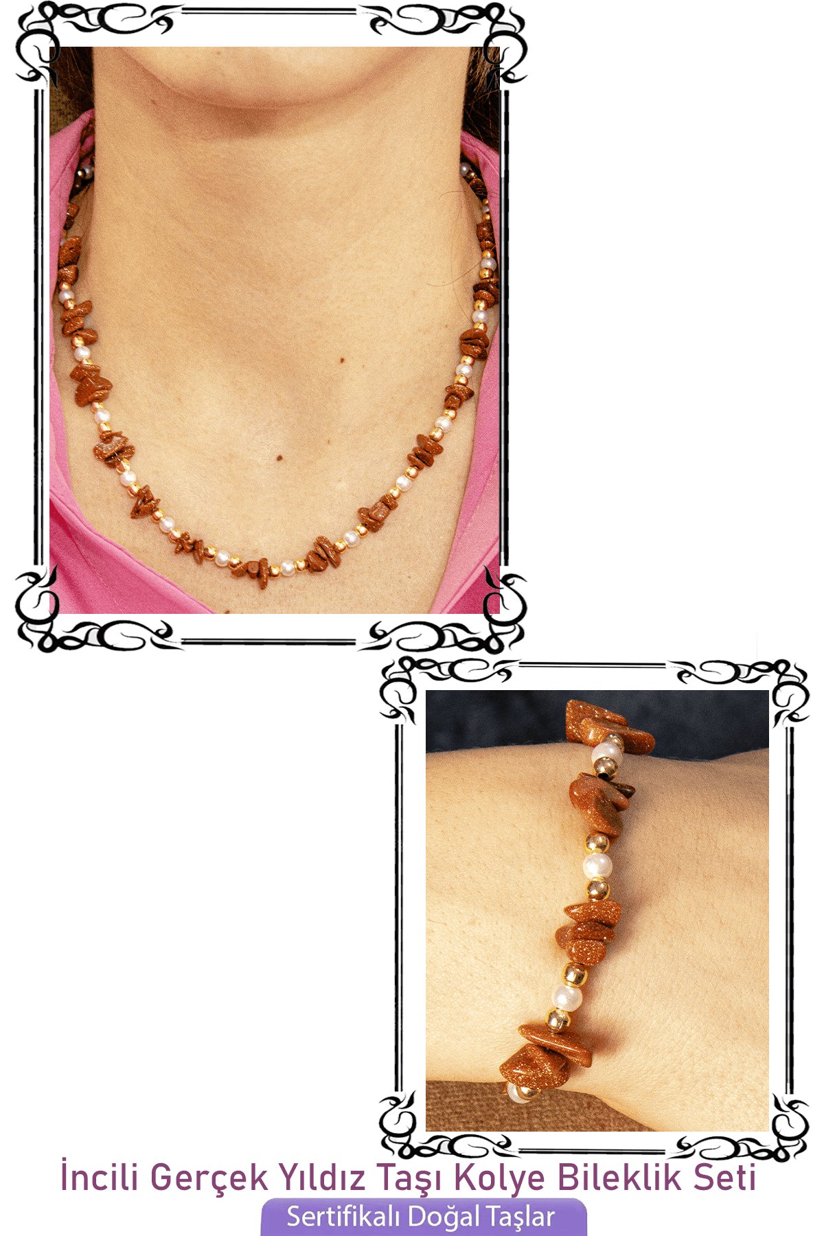Sertifikalı İncili Kahverengi Yıldız Taşlı Doğal Taş Kolye Bileklik Seti