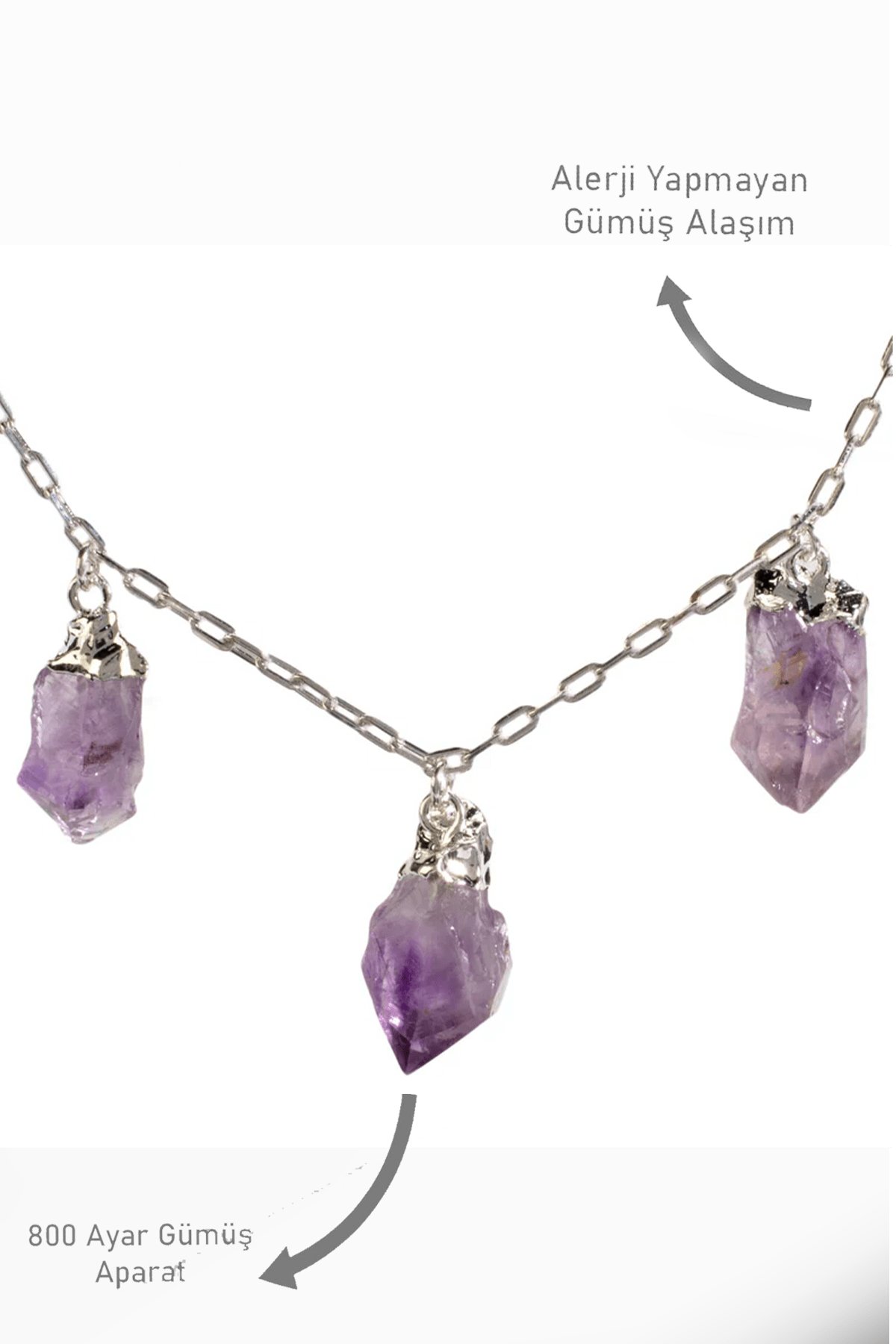 Sertifikalı Üçlü Model Ham İşlenmemiş Ametist Taşı Kolye