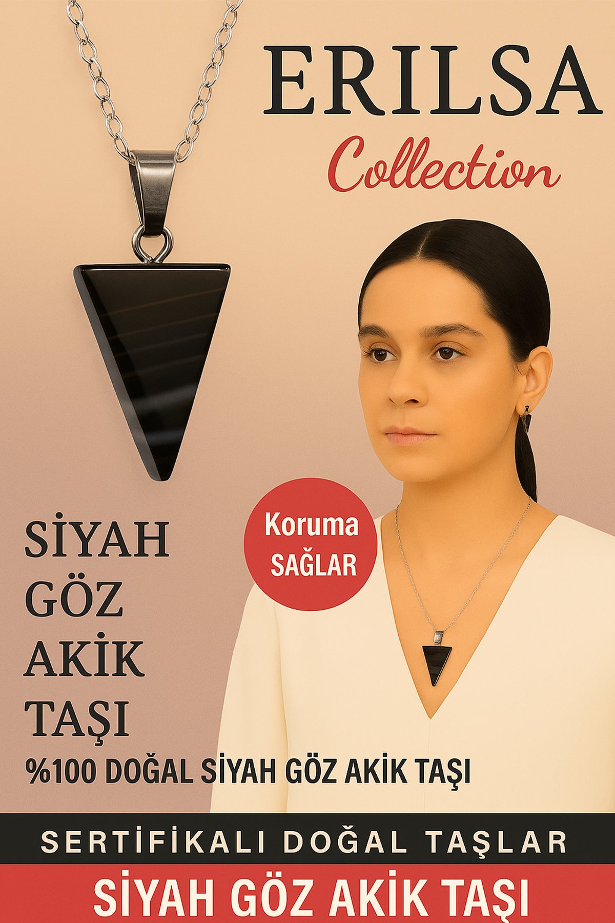 Sertifikalı Piramit Model Siyah Göz Akik Taşı Kolye - Koruma Sağlayan Doğal Taş