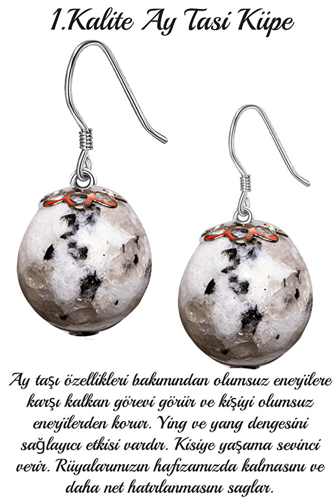 Sertifikalı Benekli Ay Taşı Doğal Taş Küpe