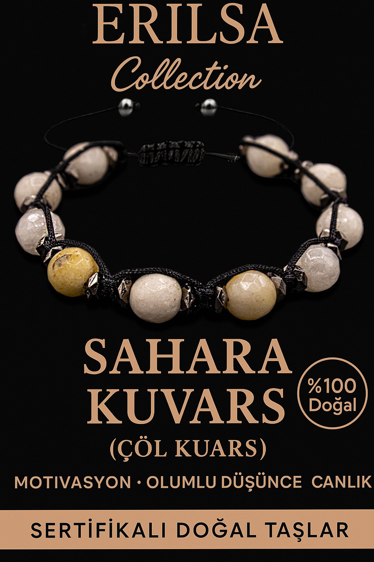 Sertifikalı İri Boy Fasetli Terahertz & Sahara (Çöl) Kuvars Taşı Bileklik – Denge, Arınma ve Güçlü Koruma