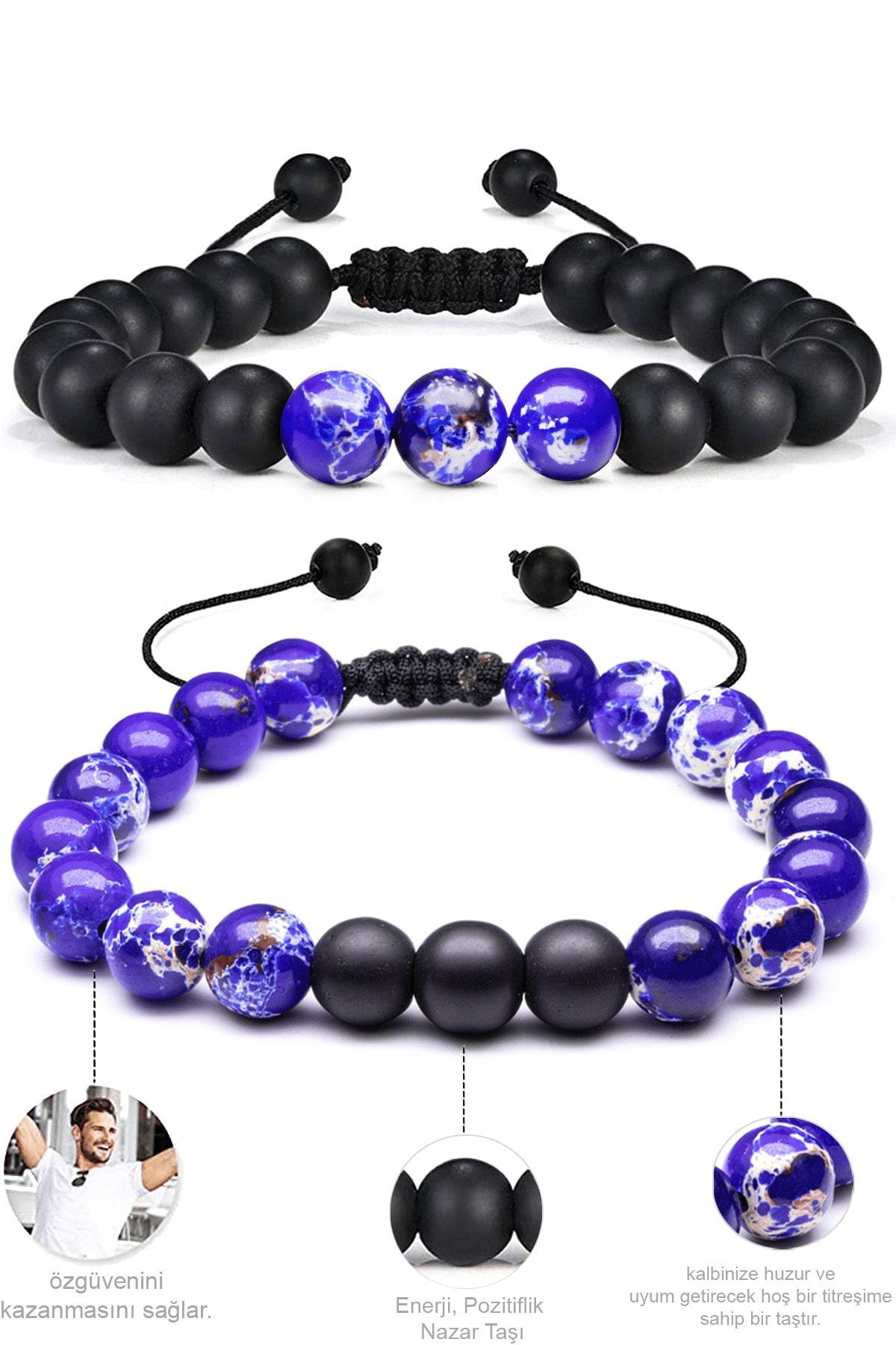 Sertifikalı Çift Doğal Taş Bileklik Seti Doğal Mavi Beyaz Renk