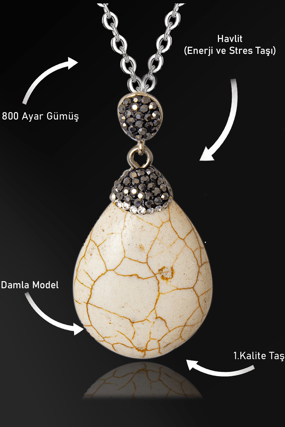 Sertifikalı Zirkon Taşlı Damla Model Havlit Taşı Kolye - XL