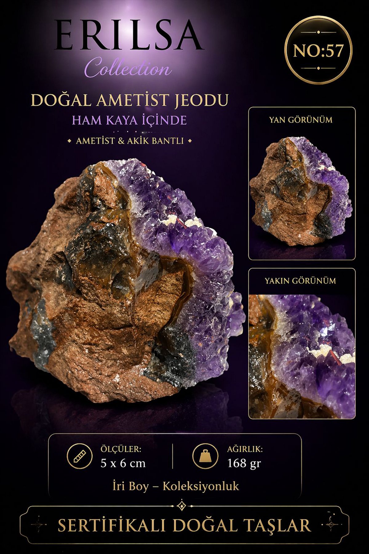 Sertifikalı Doğal Ametist Jeodu Akik Bantlı Kristal Kuvars Kaya Formu NO57
