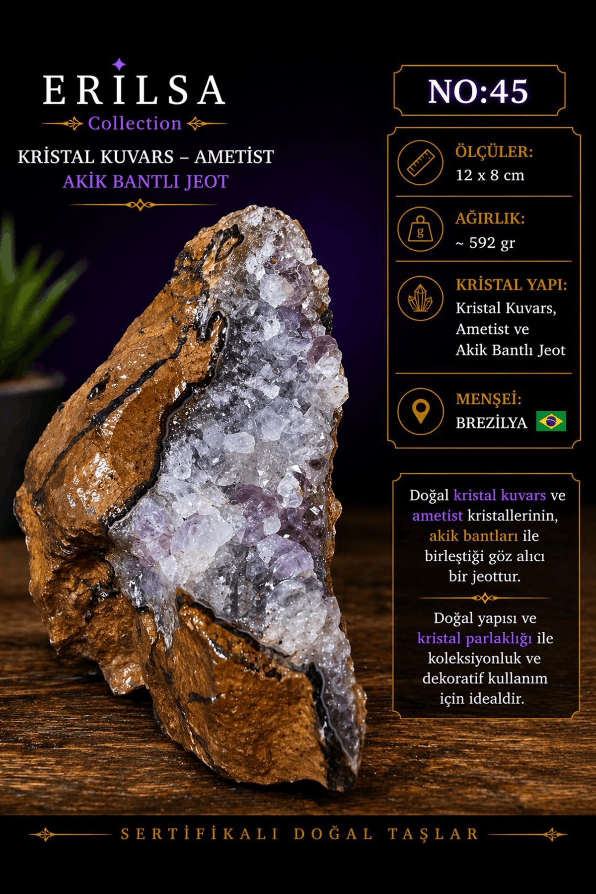 Sertifikalı Kristal Kuvars Ametist Akik Bantlı Jeot İri Kristalli Dekoratif NO45