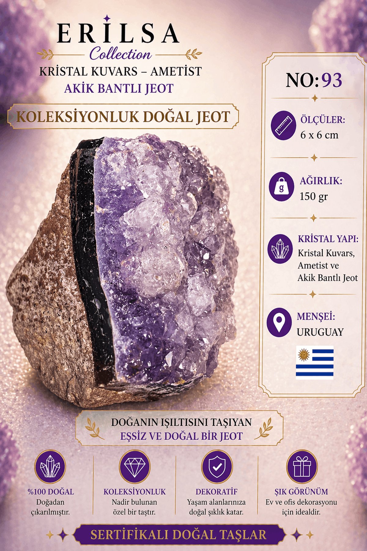 Sertifikalı Kristal Kuvars Ametist Akik Bantlı Jeot Doğal Taş Koleksiyonluk Dekoratif 6x6 cm NO93