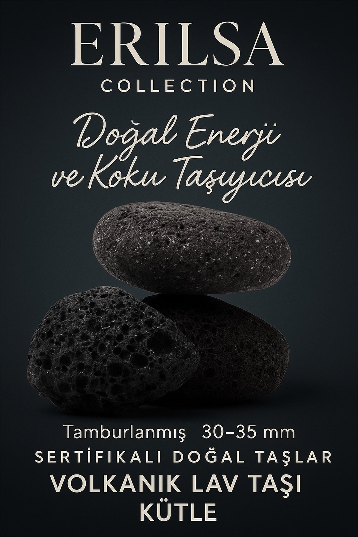 Sertifikalı Doğal Volkanik Lav Taşı Kütle – Tamburlanmış 30-35 mm Enerji ve Koku Taşı