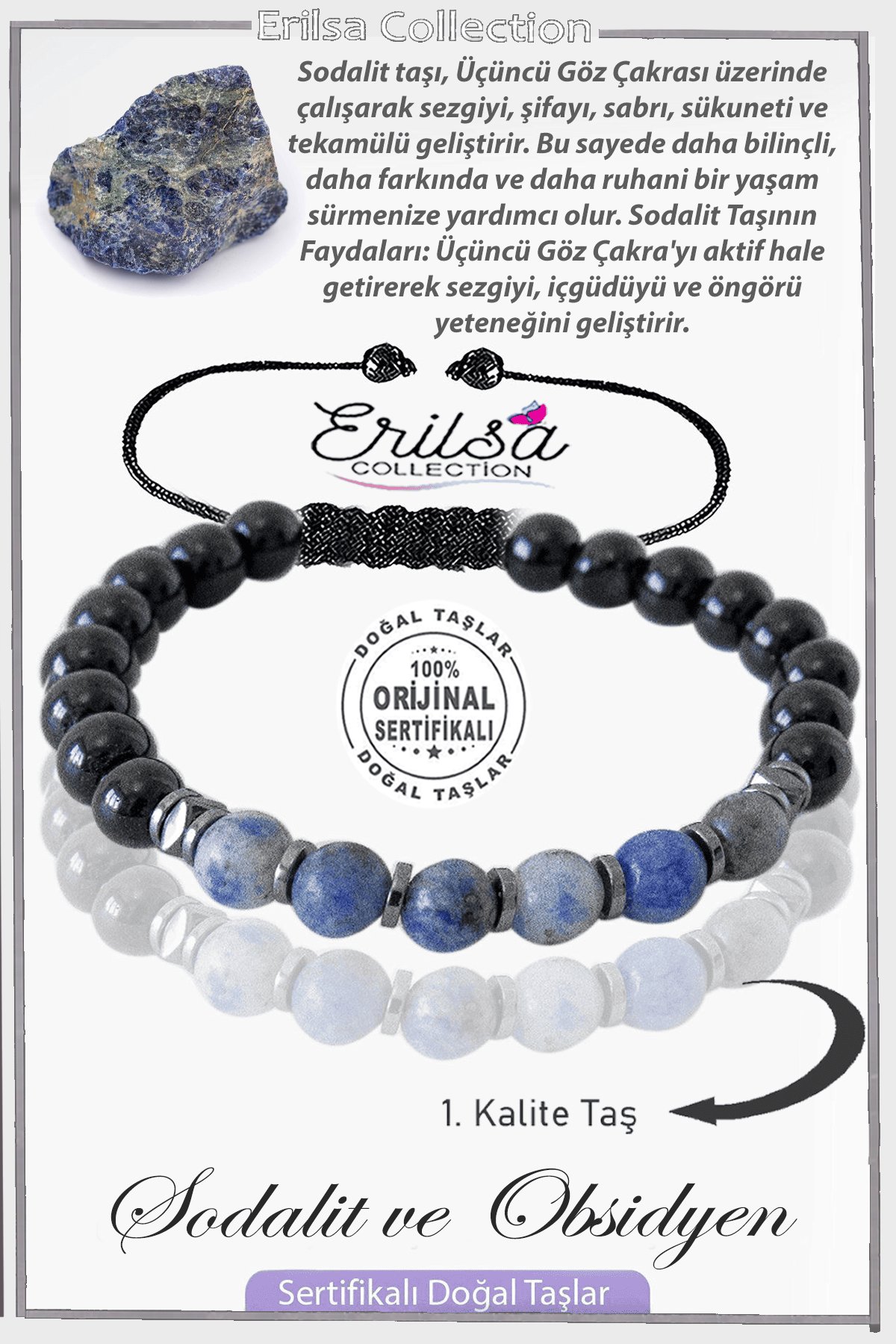 Sertifikalı Gerçek Obsidyen - Hematit - Sodalit Taşı Bileklik