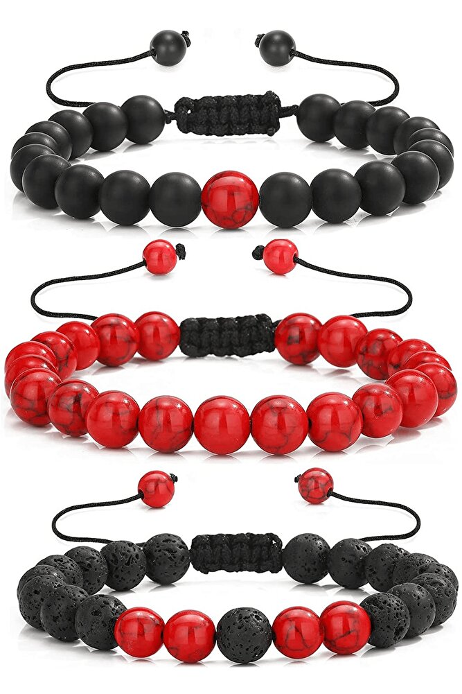 Sertifikalı Gerçek Kırmızı Havlit Oniks Lav Taşı Üçlü Bileklik Seti