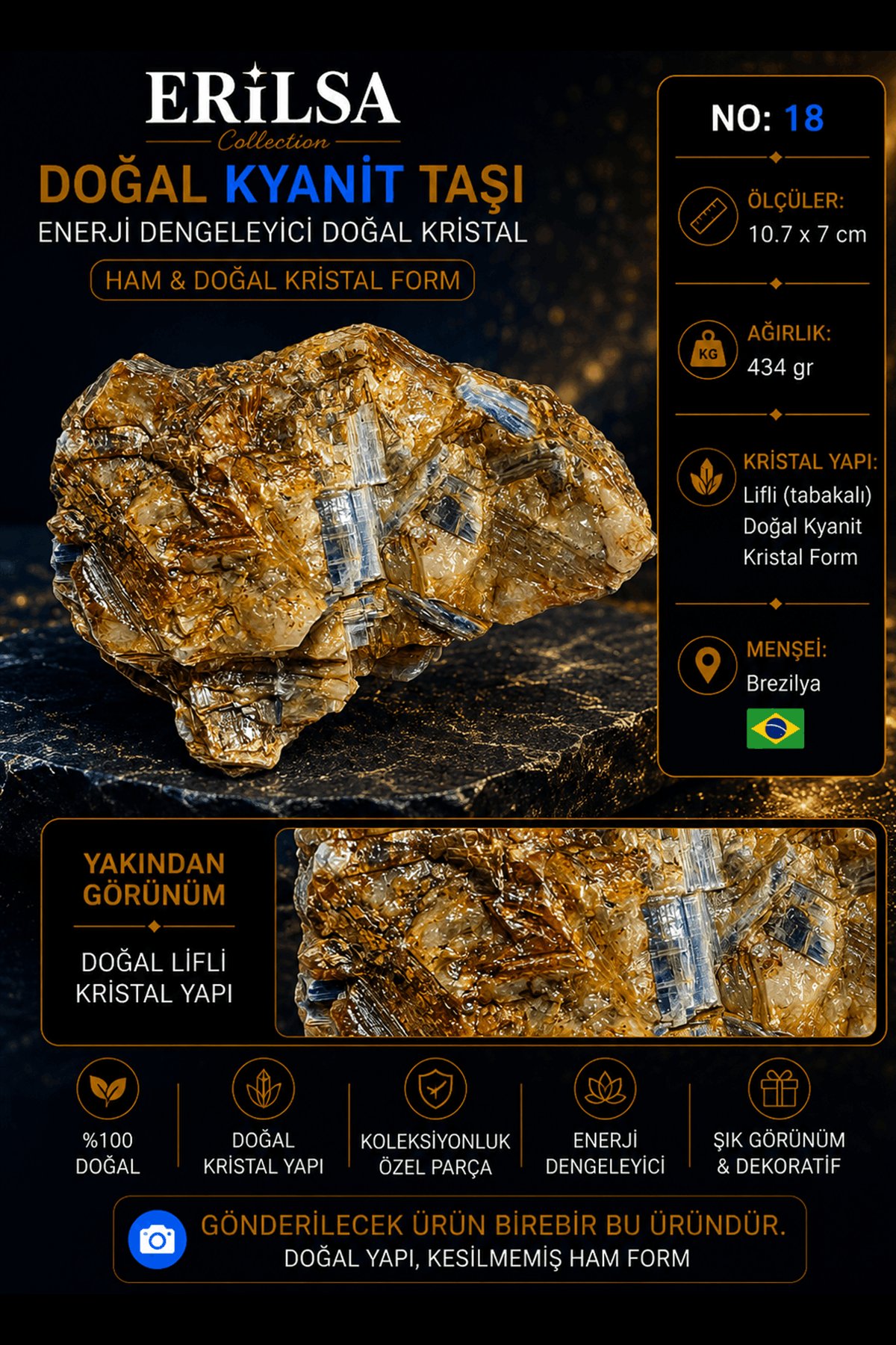 Sertifikalı Doğal Kyanit Taşı Ham Kristal Kütle Dekoratif Mineral Taş No 18