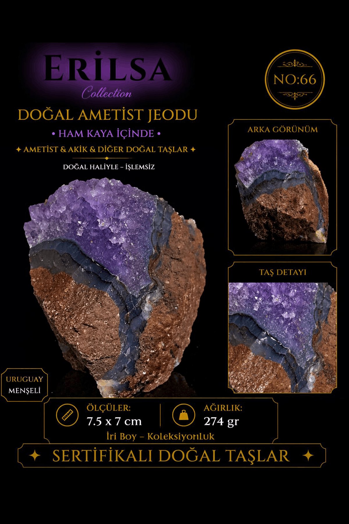 Sertifikalı Doğal Ametist Jeodu Akik Bantlı Kristal Kuvars Ham Kaya Uruguay NO66