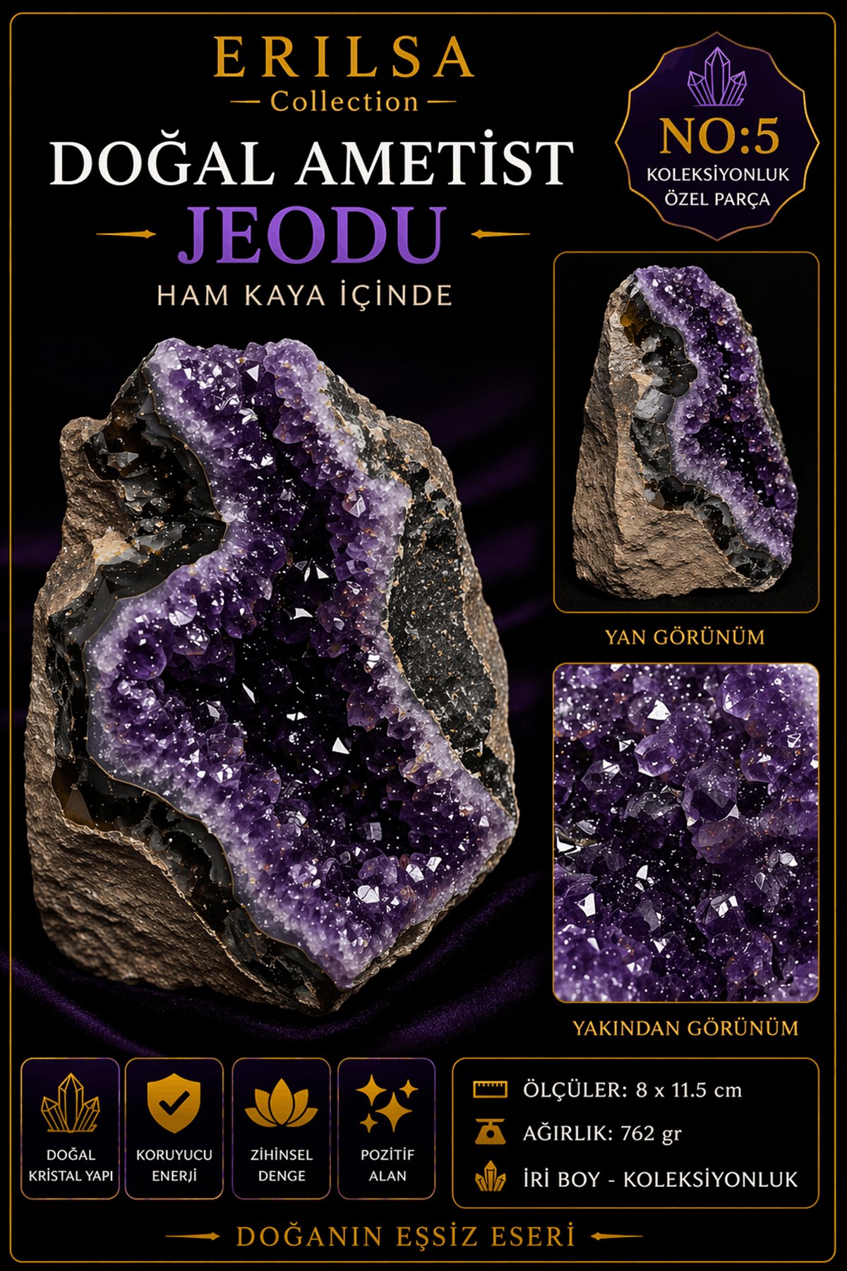 Sertifikalı Doğal Ametist Jeodu Taşı Kütle Büyük Boy Kristal Küme Ham Kaya Koleksiyonluk Dekoratif