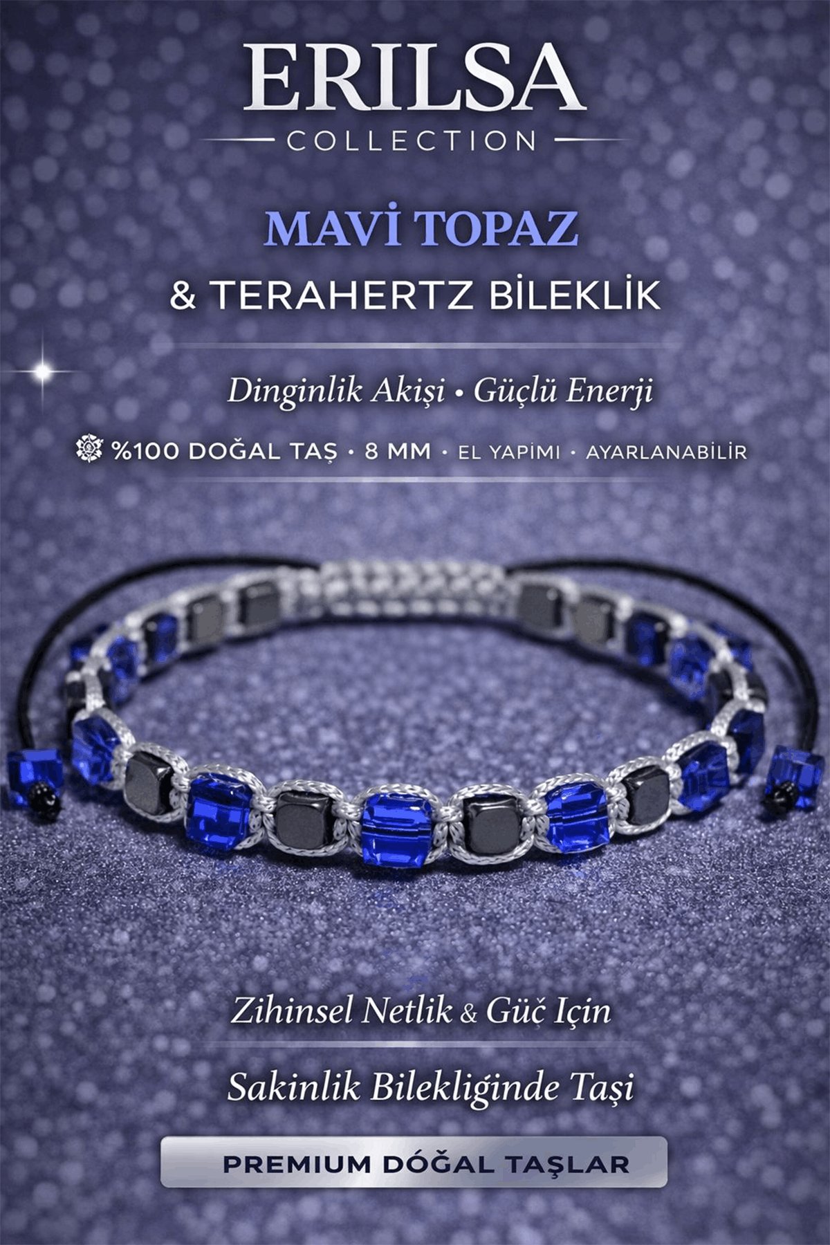 Sertifikalı Mavi Topaz Bileklik - 8 mm Küp Kesim Terahertz Doğal Taş Ayarlanabilir