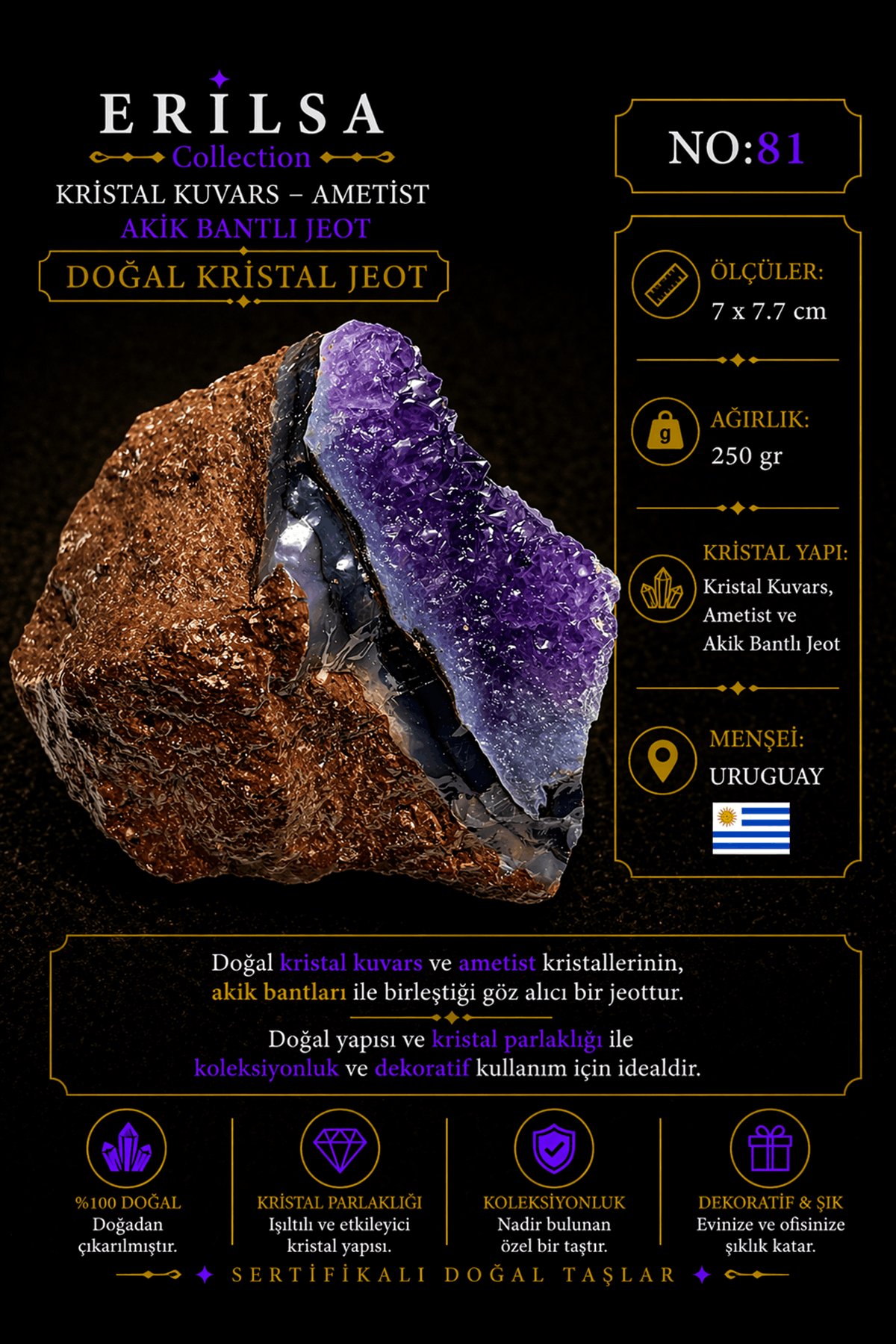 Sertifikalı Doğal Ametist Jeodu Akik Bantlı Kristal Kuvars Ham Kaya Uruguay NO81