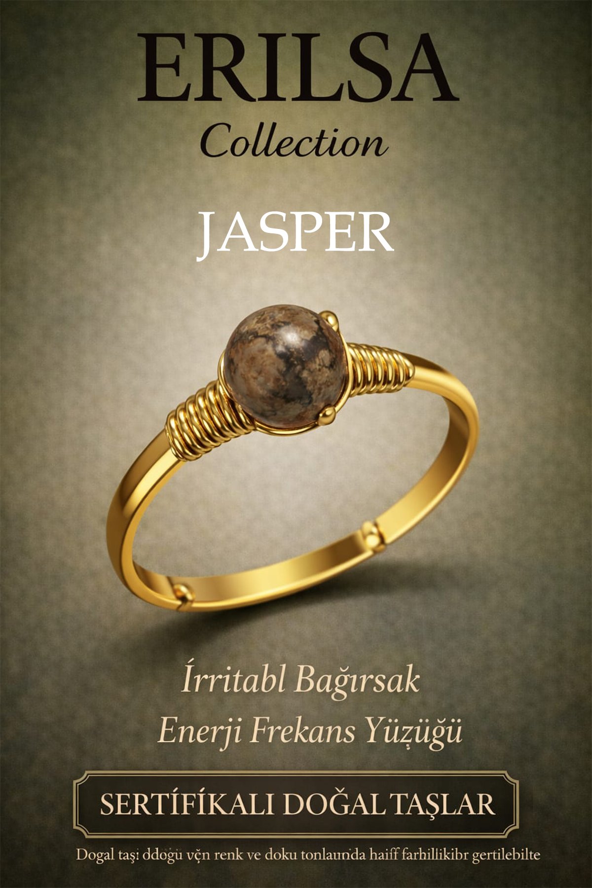 Sertifikalı Sindirim Enerji Yüzüğü – Jasper Taşı Ayarlanabilir Gold İnce Kasa Yengeç Başak Burcu