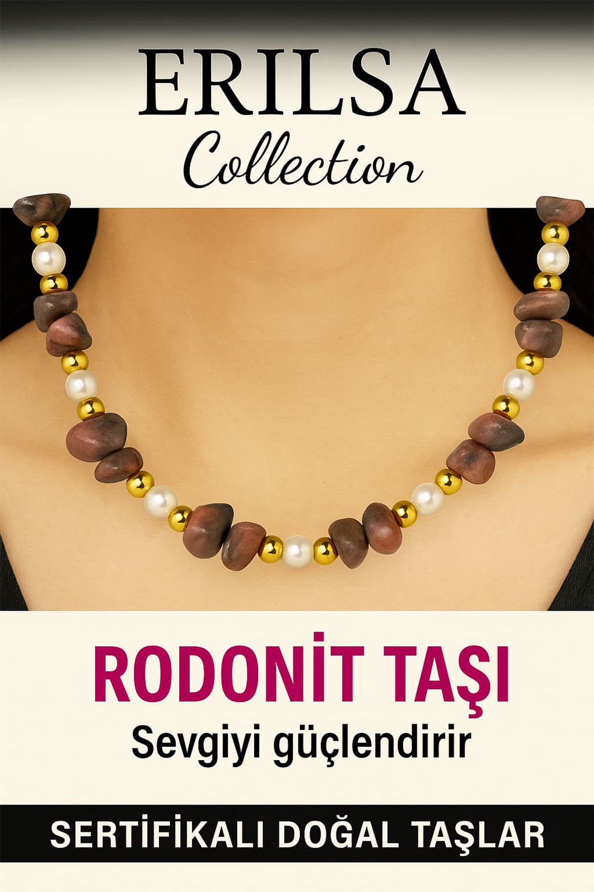 Sertifikalı Kırık Taşlı Model Rodonit Taşı Kolye – Koruyucu ve Dengeleyici Enerji