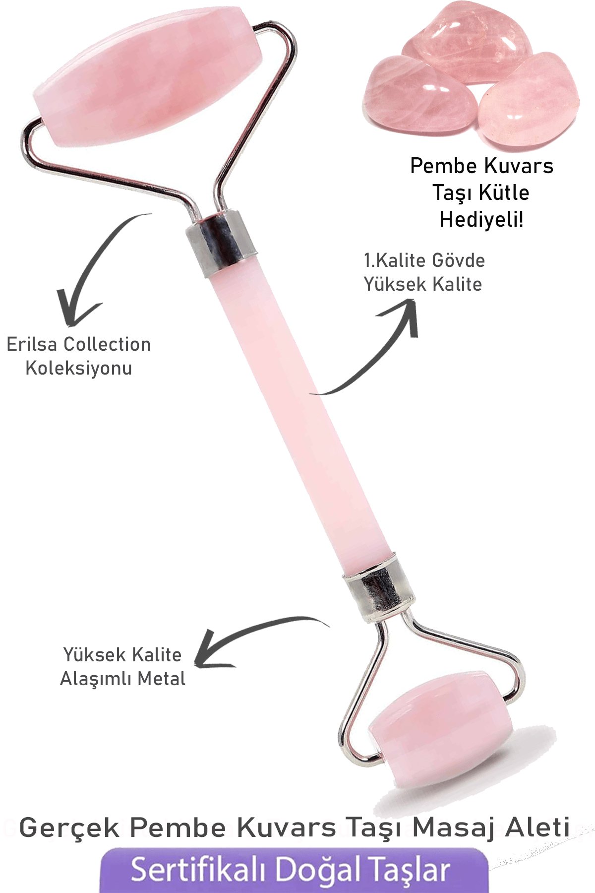 Sertifikalı Silver Pembe Kuvars Taşı Yüz Masaj Aleti - Kütle Hediyeli