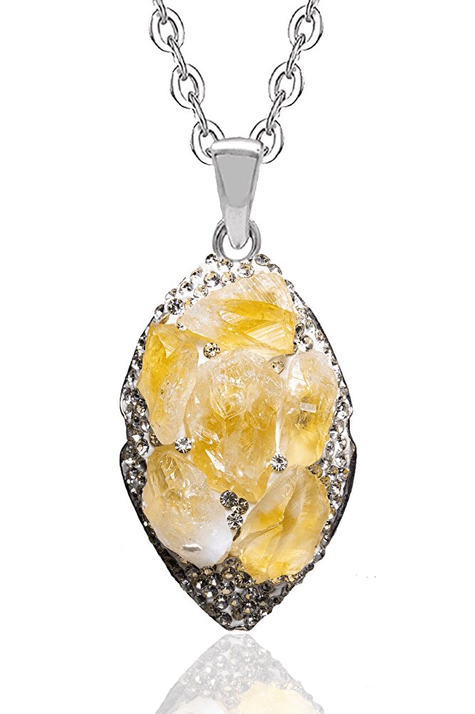 Sertifikalı Zirkon Taşlı Doğal Sitrin Taşı Kolye (brezilya)