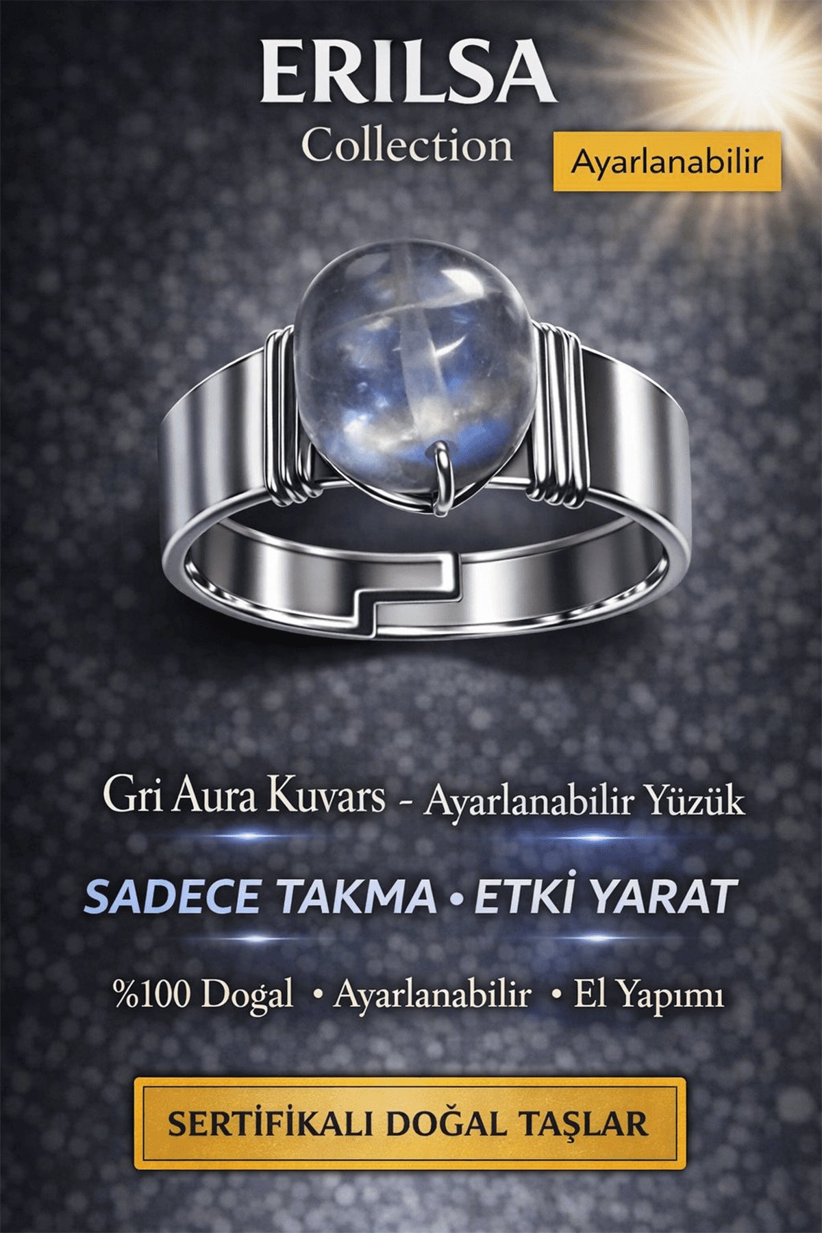 Sertifikalı Gri Aura Kuvars Yüzük Doğal Taş Ayarlanabilir El Yapımı Modern Tasarım