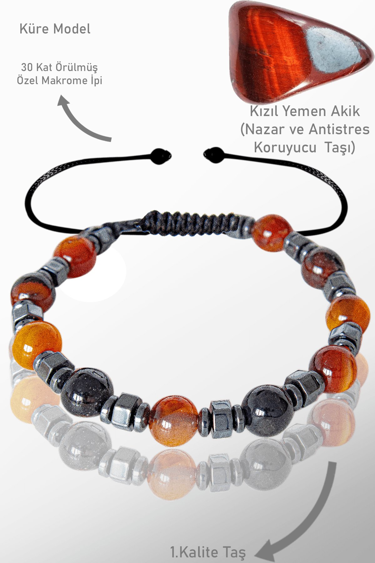 Sertifikalı Gerçek Hematit - Siyah Kızıl Yemen Akiği Doğal Taş Bileklik