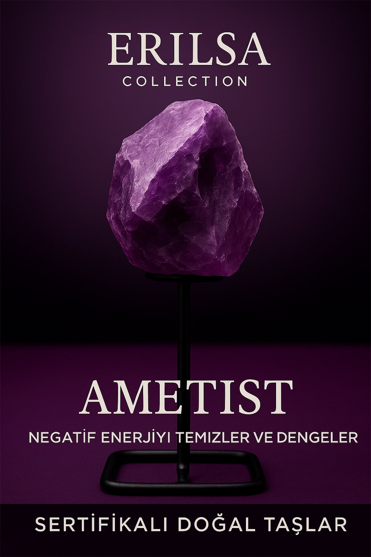 Sertifikalı Doğal Ham Ametist Taşı Standlı Obje – Negatif Enerjiyi Temizler ve Ruhsal Denge Sağlar