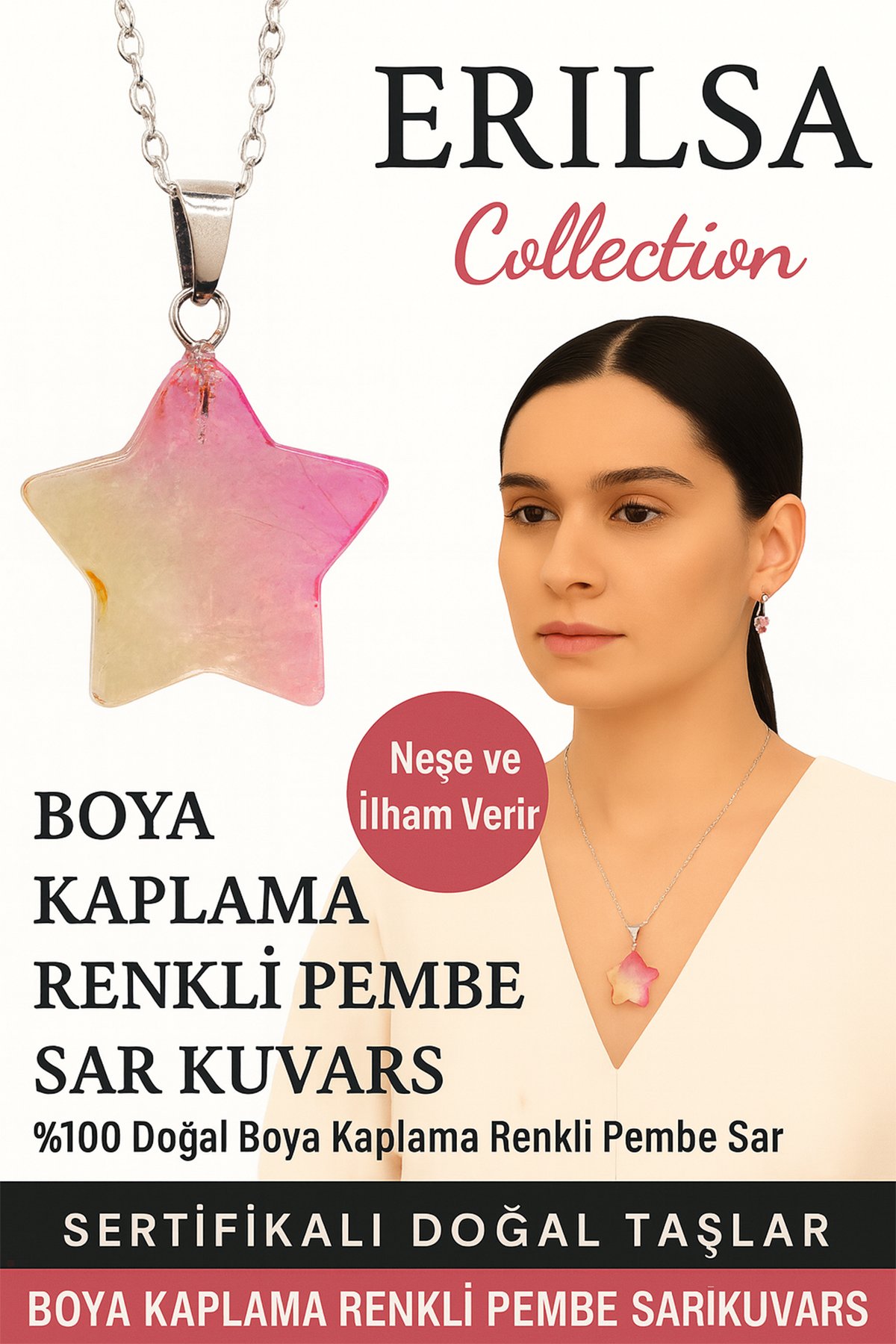 Sertifikalı Yıldız Model Boya Kaplama Renkli Pembe Sarı Kuvars Doğal Taş Kolye