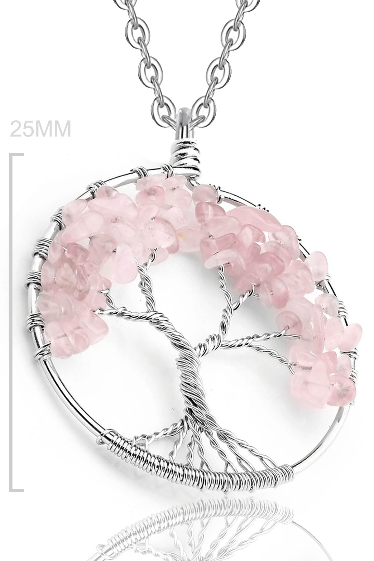 Sertifikalı Doğal Pembe Kuvars Taşı Hayat Ağacı Kolye