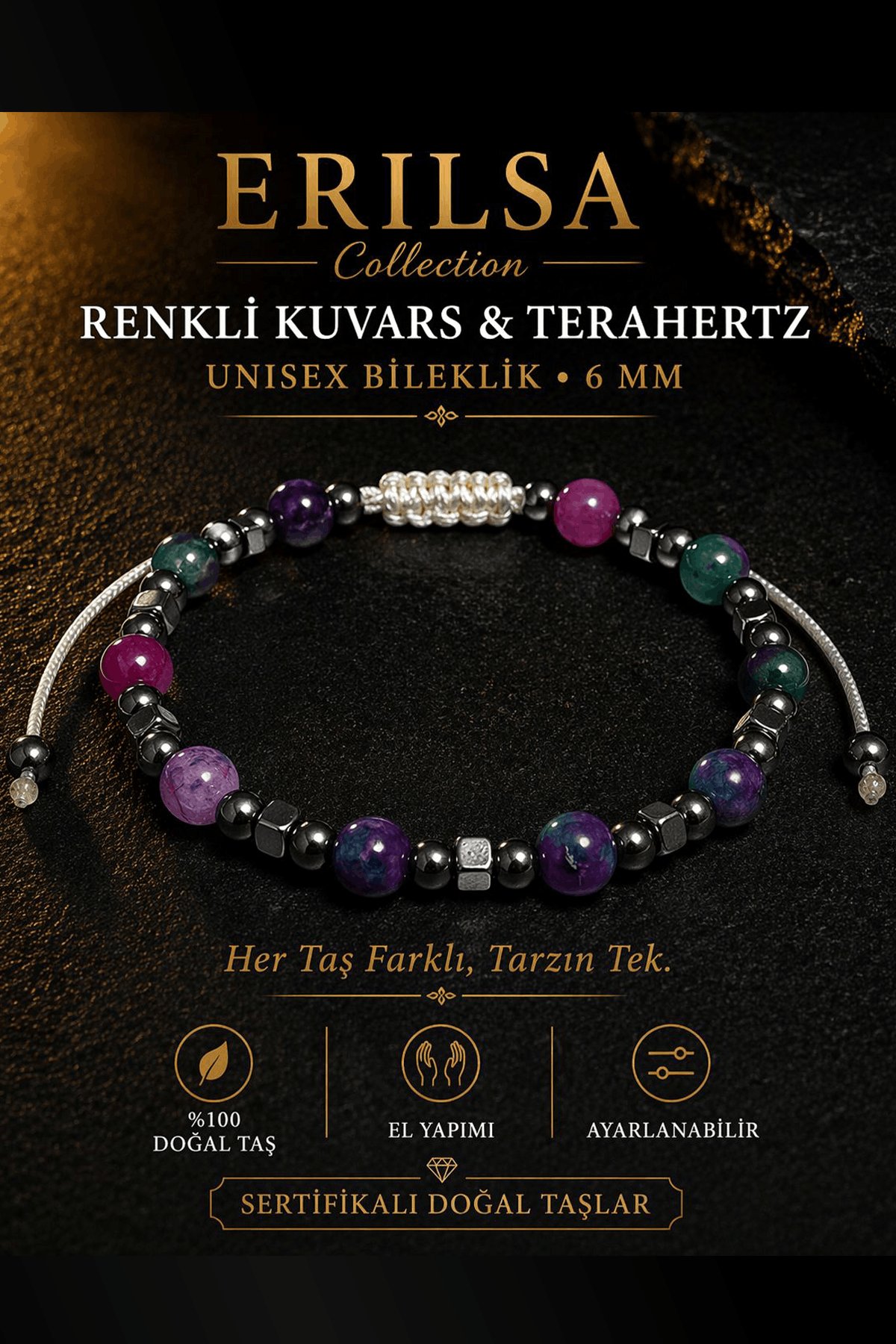 Sertifikalı Renkli Kuvars Terahertz Bileklik - 6 MM Doğal Taş Unisex Ayarlanabilir - Premium